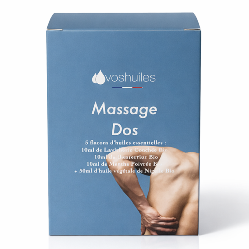 Kit Massage Dos - 3 Huiles Essentielles BIO et 1 Huile Végétale BIO